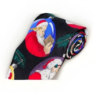 Santa Claus Christmas Ornament Tie Saturday Evening‎ Post Silk Black Holiday